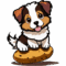 A cartoon image of a toy Australian Shepherd with a tail, sitting on a potato. In the potato's shadow, words read "Tater Tails Toy Aussies"