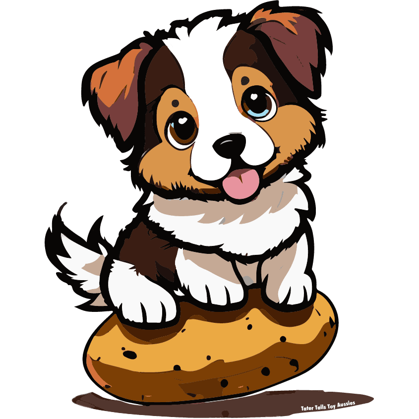 A cartoon image of a toy Australian Shepherd with a tail, sitting on a potato. In the potato's shadow, words read "Tater Tails Toy Aussies"